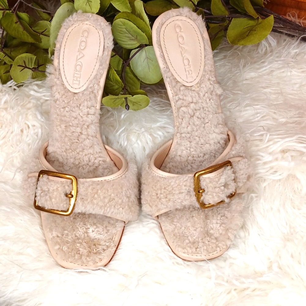 COACH Shearling Buckle Mule Heel Size 8